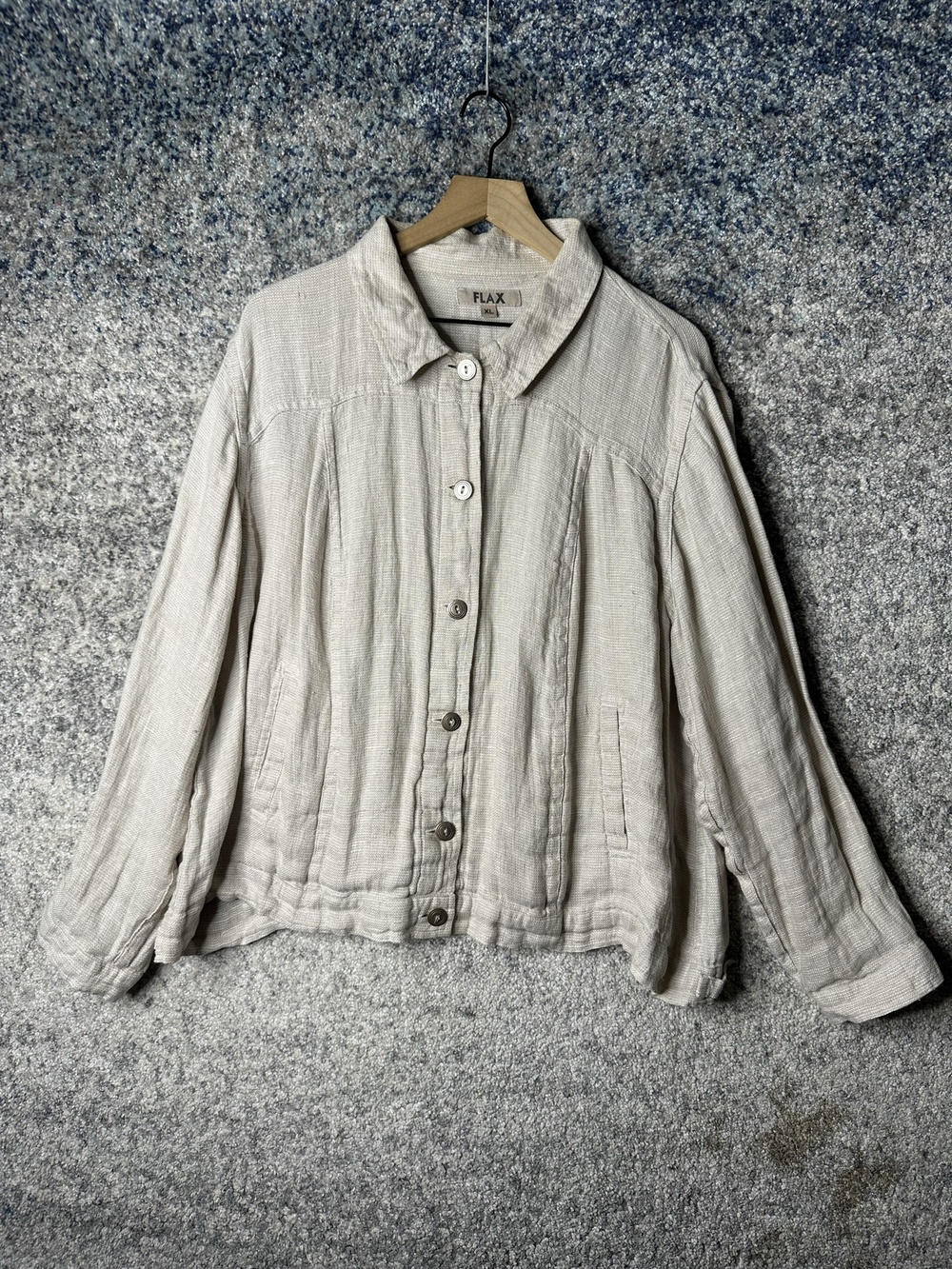 FLAX Jacket Womens XL Beige Linen Button Front Collared Lightweight Pockets